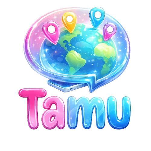 Tamu logo: a glowing globe inside a speech bubble on a smartphone, colorful map pins around it, and the word Tamu — social discovery in the real world.