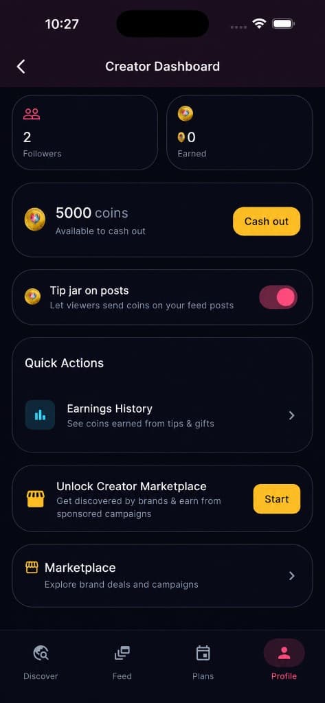 Tamu Creator Dashboard showing coin balance, cash out, and tip jar settings