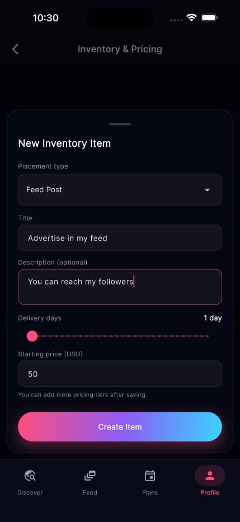Tamu inventory and pricing screen for creator brand placements