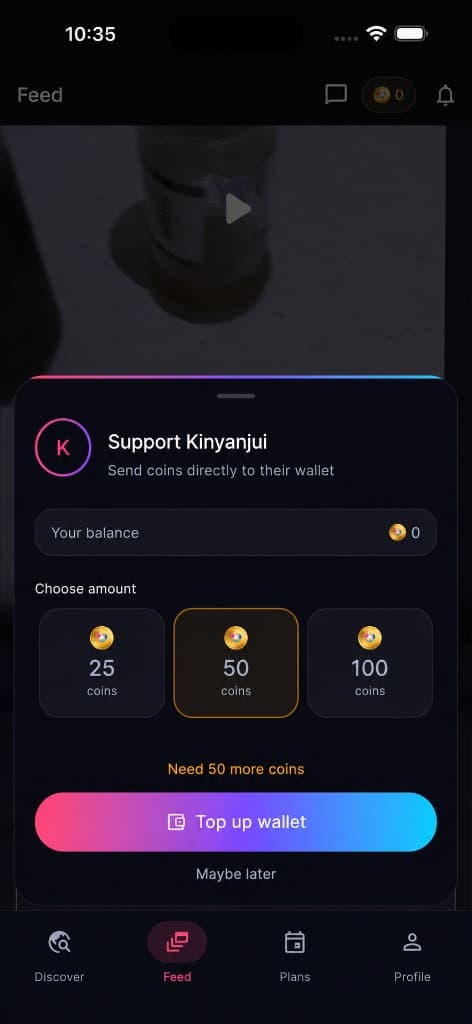 Tamu support sheet for sending coins to a creator